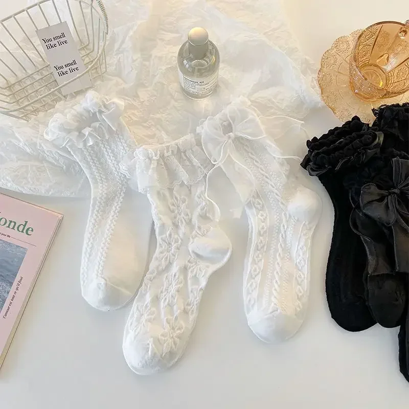 Mid-tube Solid Lace Bow Ruffle Socks Kawaii Lolita Short Socks Cotton Socks JK Japanese Lacework Stockings Women's Stockings