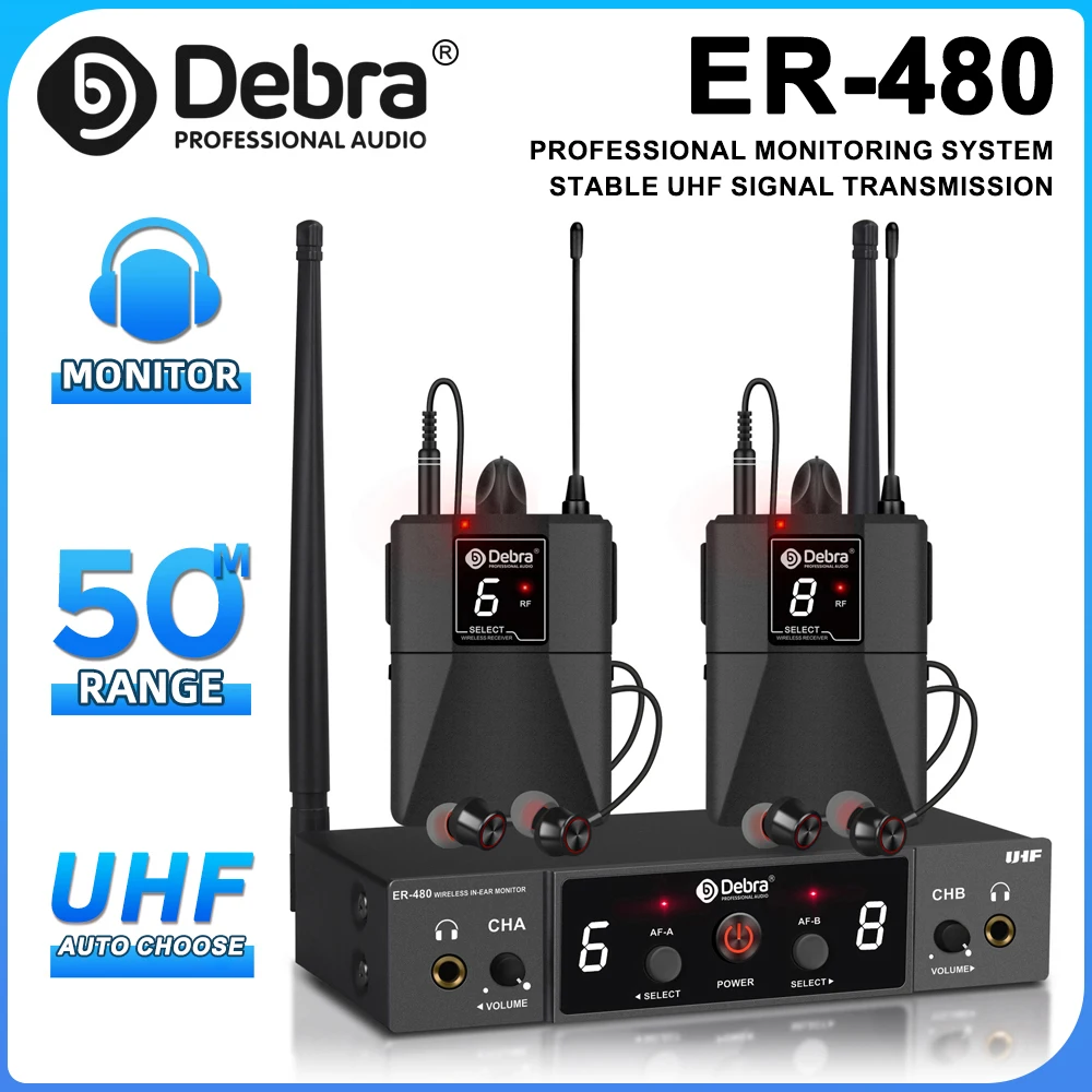 Debra ER-480 UHF Wireless In-Ear Monitor System Stable Signal 50 Meter Transmission Distance for Studio and Stage Use