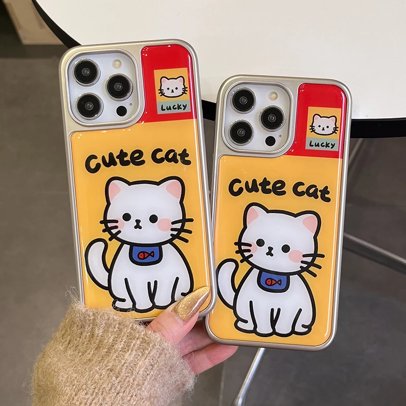 Cute Lucky Cat Glossy Back Cover Case For iPhone 16 15 13 14 12 Pro Max Plating Silver Bumper Phone Shell