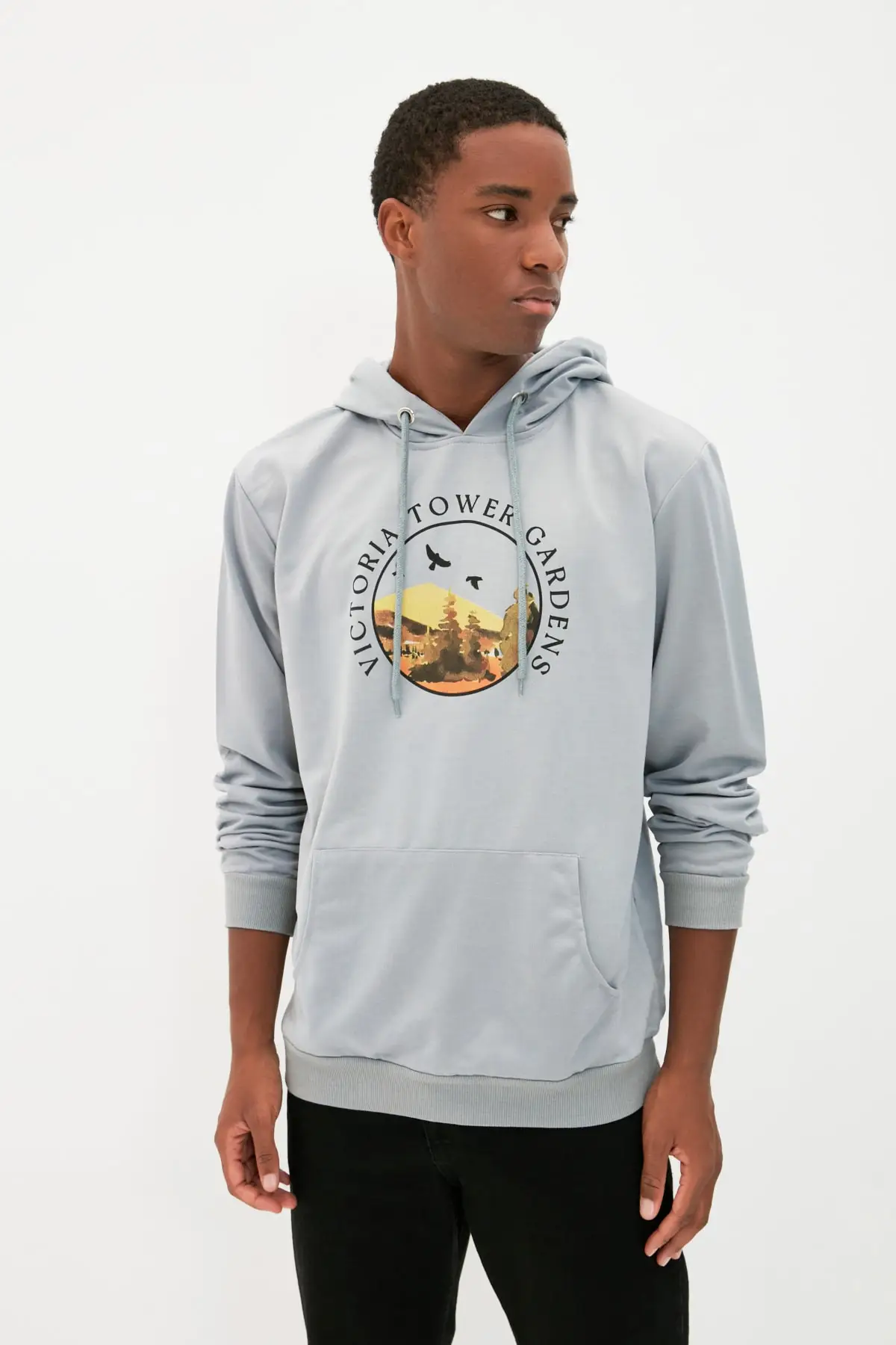 Mens Regular Fit Hood Sweatshirt Men Hooded Long Sleeve Printed Hoodies Sweatshirts for Man in Gray / Grey