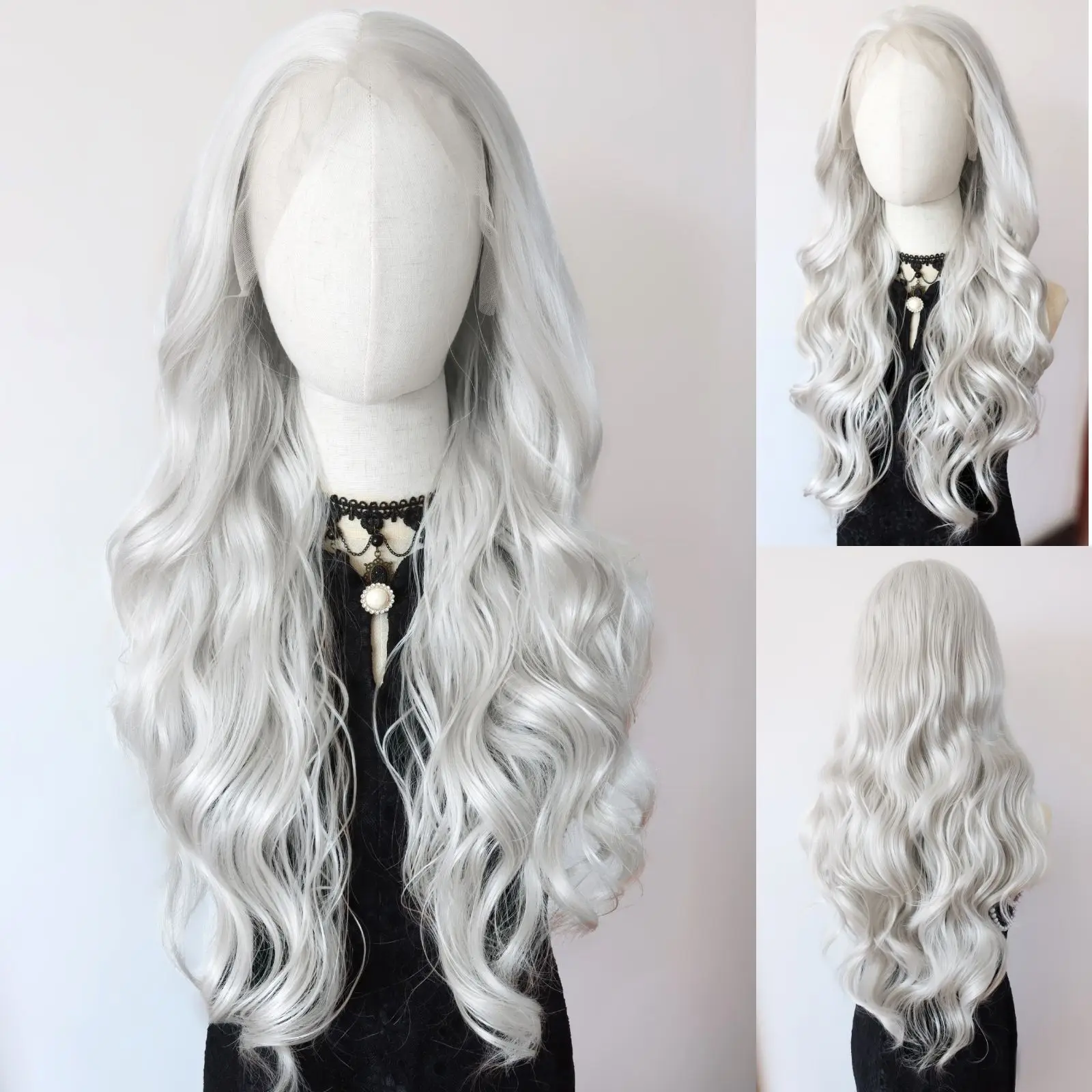 Long Wavy White Synthetic Lace Front Wig Heat Resistant Fiber Body Wavy Lace Front Wig Pre Plucked Natural Hairline Wig 26Inch