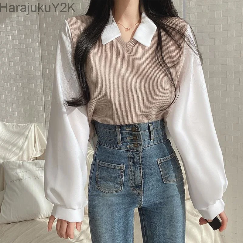 

Blouses Women Chic Fake Two Thicked Shirts 2023 Blusas De Mujer Loose All-match Temperament Korean Tops Female