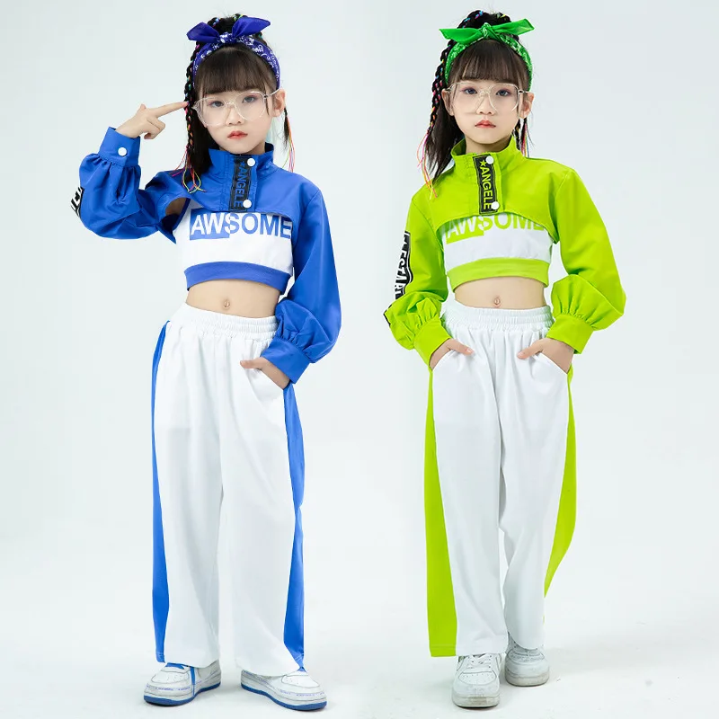 

2023 New Jazz Dance Costume Girls Hip Hop Clothes Long Sleeves Crop Tops Suit White Pants Kids Kpop Performance Outfits BL11475