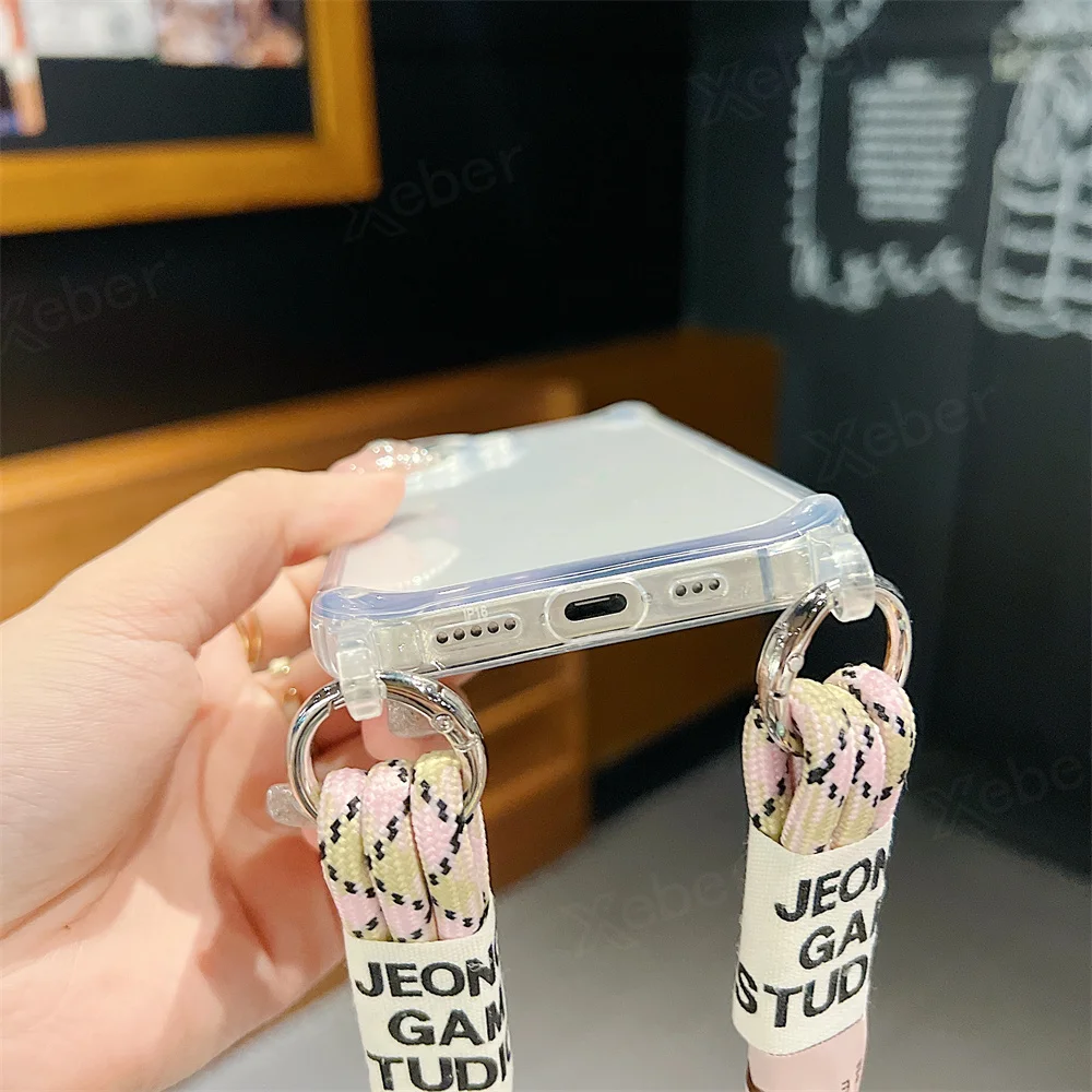 Étui de téléphone transparent avec lanière et collier en bandoulière pour iPhone 15 16 14 Pro Max 14 13 12 11, housse de protection antichoc à coussin d'air_voghion.com