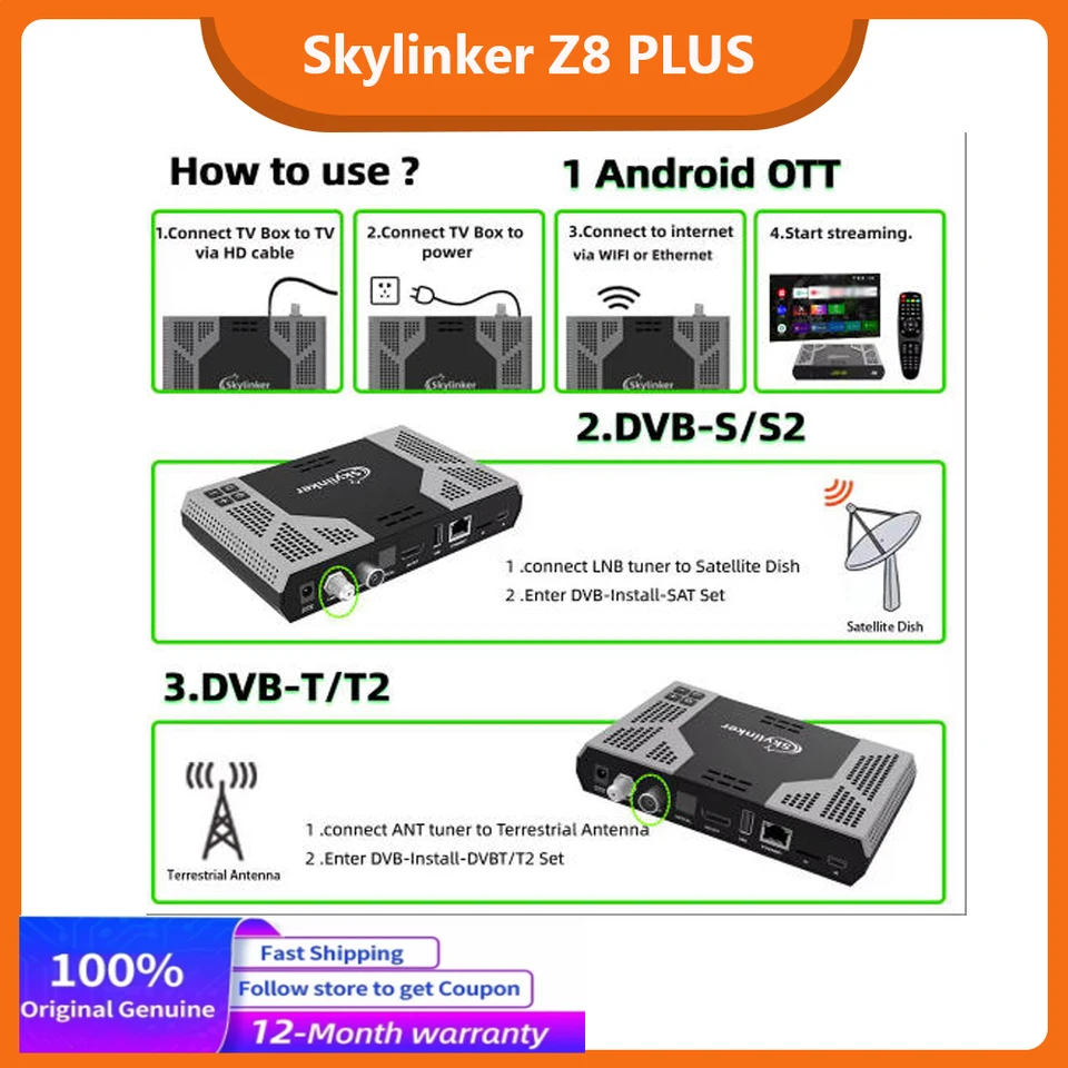 2025 Skylinker Z8 PLUS 4K Android 9.0 DVB-S2 T2 Hybrid TV Box 5G