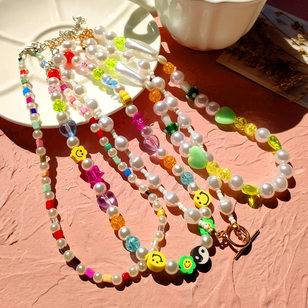 Multilayer Love Letter Pink Soft Clay Beaded Necklaces For Women Sweet Pearl  Chain Rainbow Clay Beads Neckalce Party Y2k Jewelry - Necklace - AliExpress