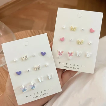 925 실버 바늘 스터드 귀걸이 여성용, 나비 진주 웨이브 도트, 달콤한 심플 다채로운 액세서리, 쥬얼리 선물, 12 개