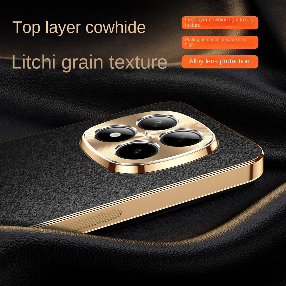 Luxurious Lychee Texture Cowhide Phone Case with Electroplated Frame