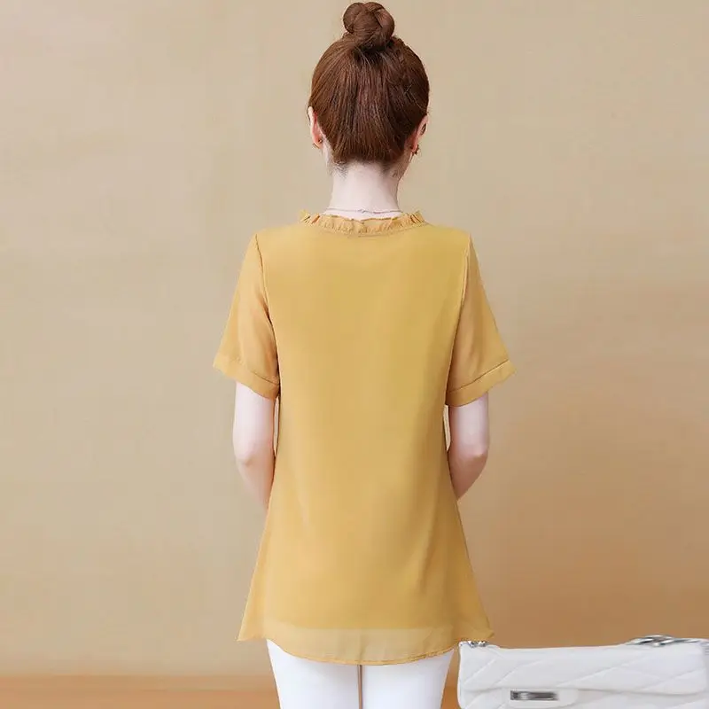 Elegant V-Neck Button Short Sleeve Ruffles Chiffon Blouses Women's Clothing 2024 Summer Loose All-match Tops Office Lady Shirts