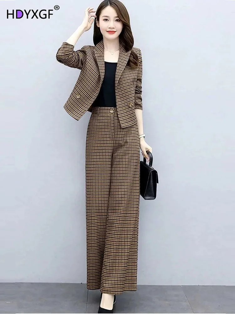 Fall Winter Office Vintage Plaid V-neck Single Button Long Sleeve Cardigan+high Waist Wide Leg Baggy Pant Elegant Two Piece Sets