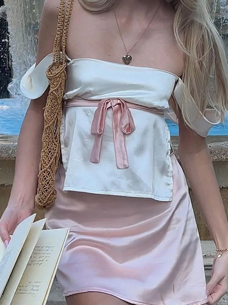 

Sexy Hollow Out Satin Tank Tops Women Backless Bandage Summer Cropped Top Pink O-Neck Casual Streetwear Vest