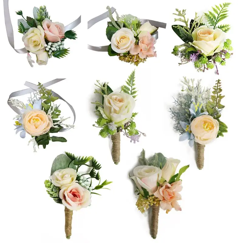 Wedding Party Wrist Corsage Boutonniere Artificial Champagne Rose Flower