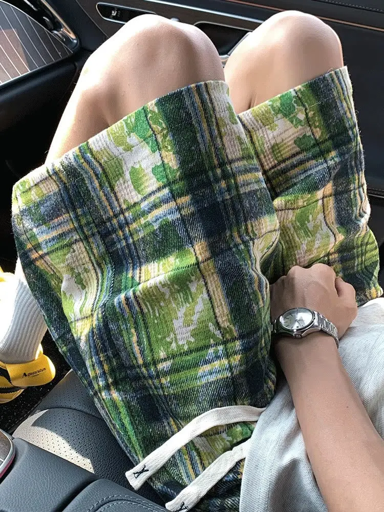 Green Tie-dye Plaid Shorts Men's Summer American Retro Large Size Loose Five-point Pants Trendy Sports Casual Pants Jorts Boxing