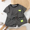 2Pcs Fashion Children Short Sleeve Shorts Sets Summer Kids Clothes Boys Baby Cotton Tee Pant Outfits Black and White Stripe 4