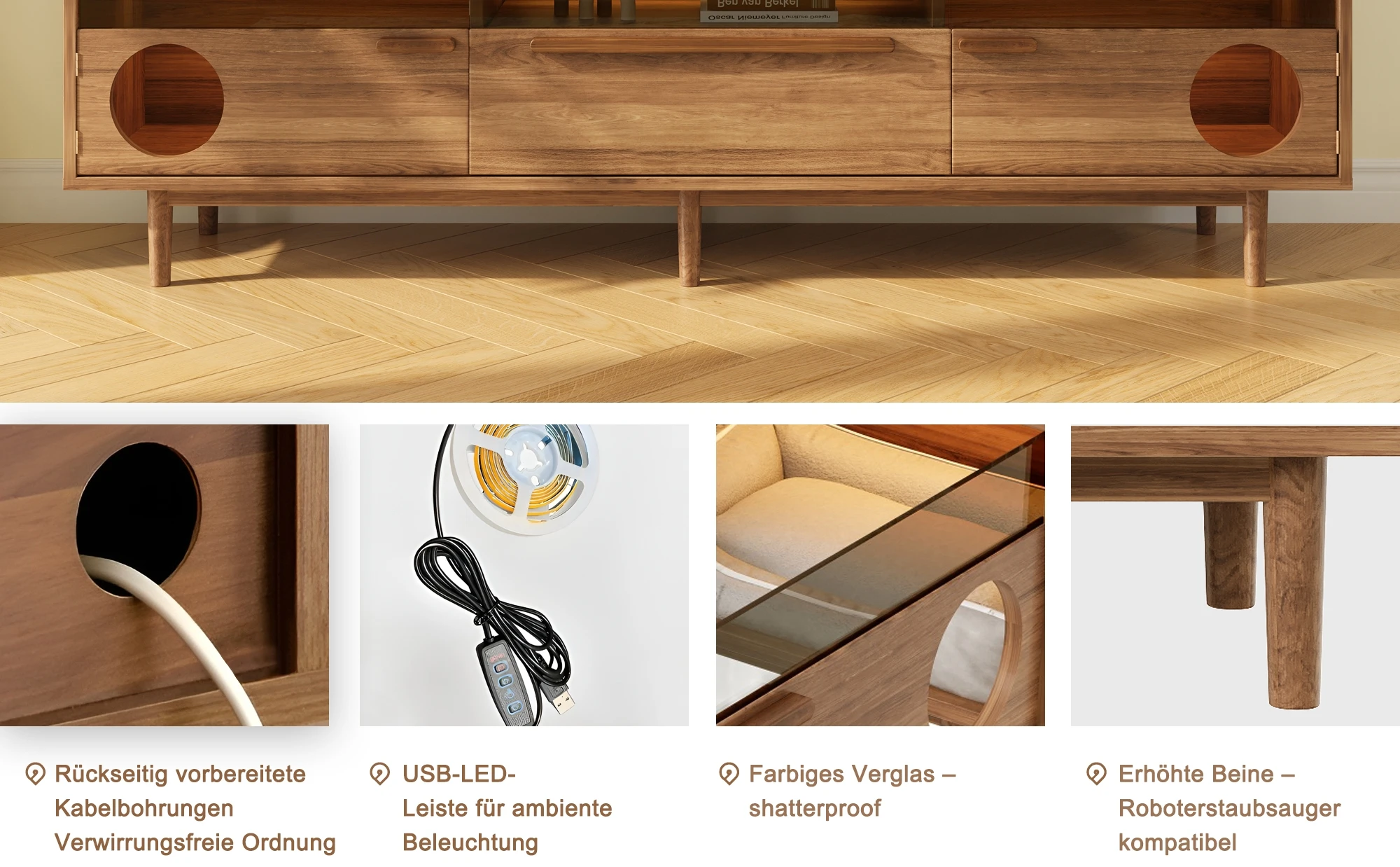 Moderner TV-Schrank mit LED-Beleuchtung – mit Katzenrückhaltfläche, Stützhüllen, stahlverstärkten Glastüren und 1-Schublade – Detail 9