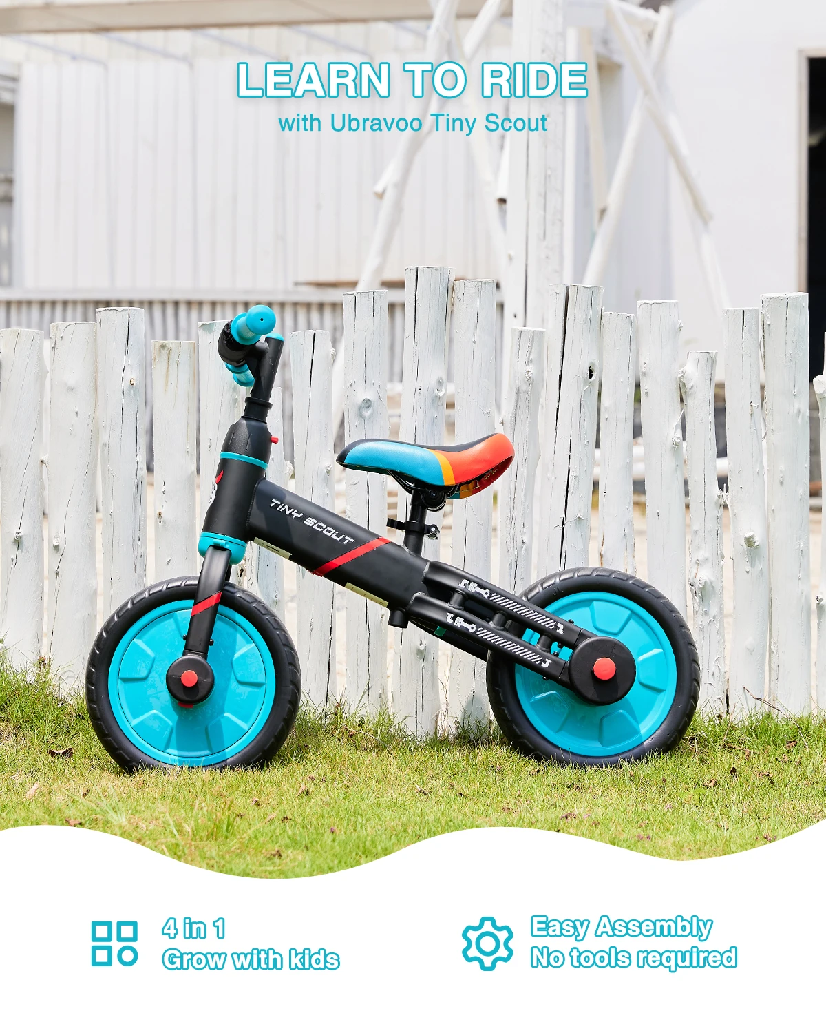 UBRAVOO Tiny Scout Balance Bike 3 4 5 Years , 4-in-1 with Optional Support Wheels and Pedals, Saddle Height Adjustable,JL102 6