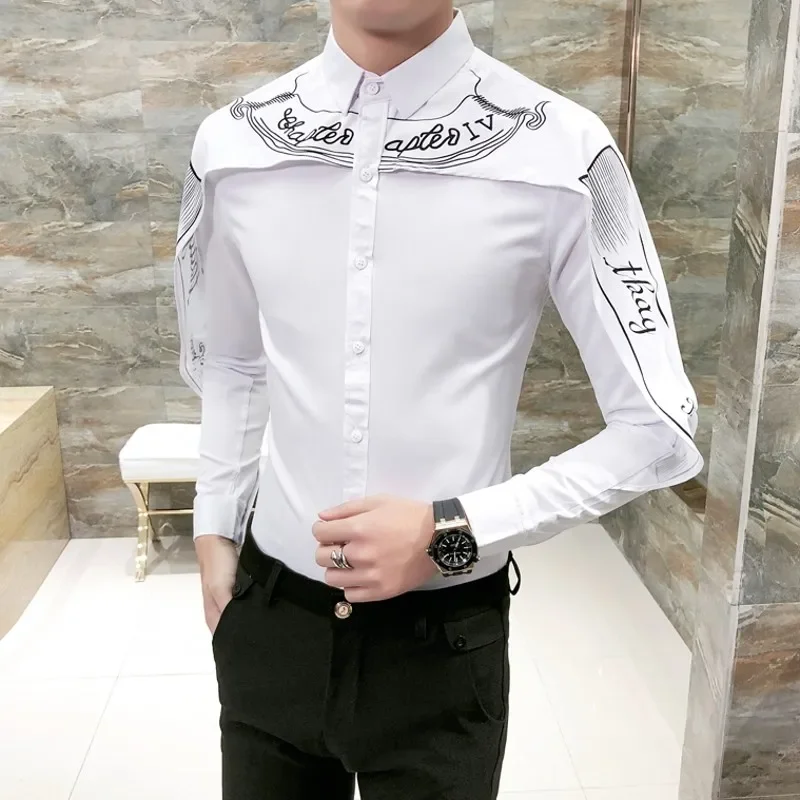 Fashion Shirt Men Shawl Print Slim Fit Mens Long Sleeve Tuxedo Shirts Black White Trendy Nightclub Prom Dress Shirt Male