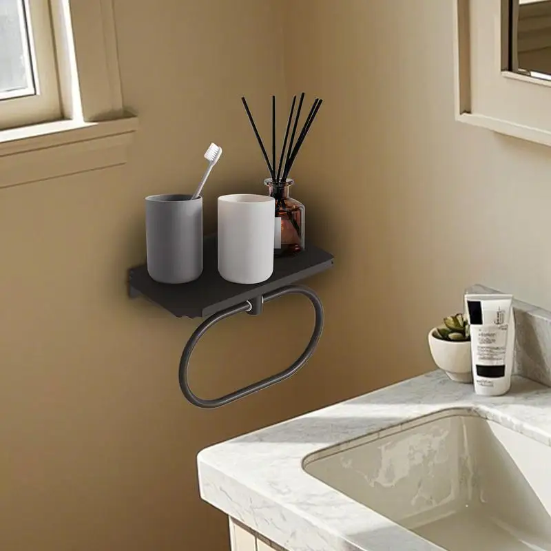 Hand Towel Holder Bathrobe Rack Grab Stand Heavy Duty Bath Accessories No Drilling Wall Mounted Towel Hanger With Shelf For
