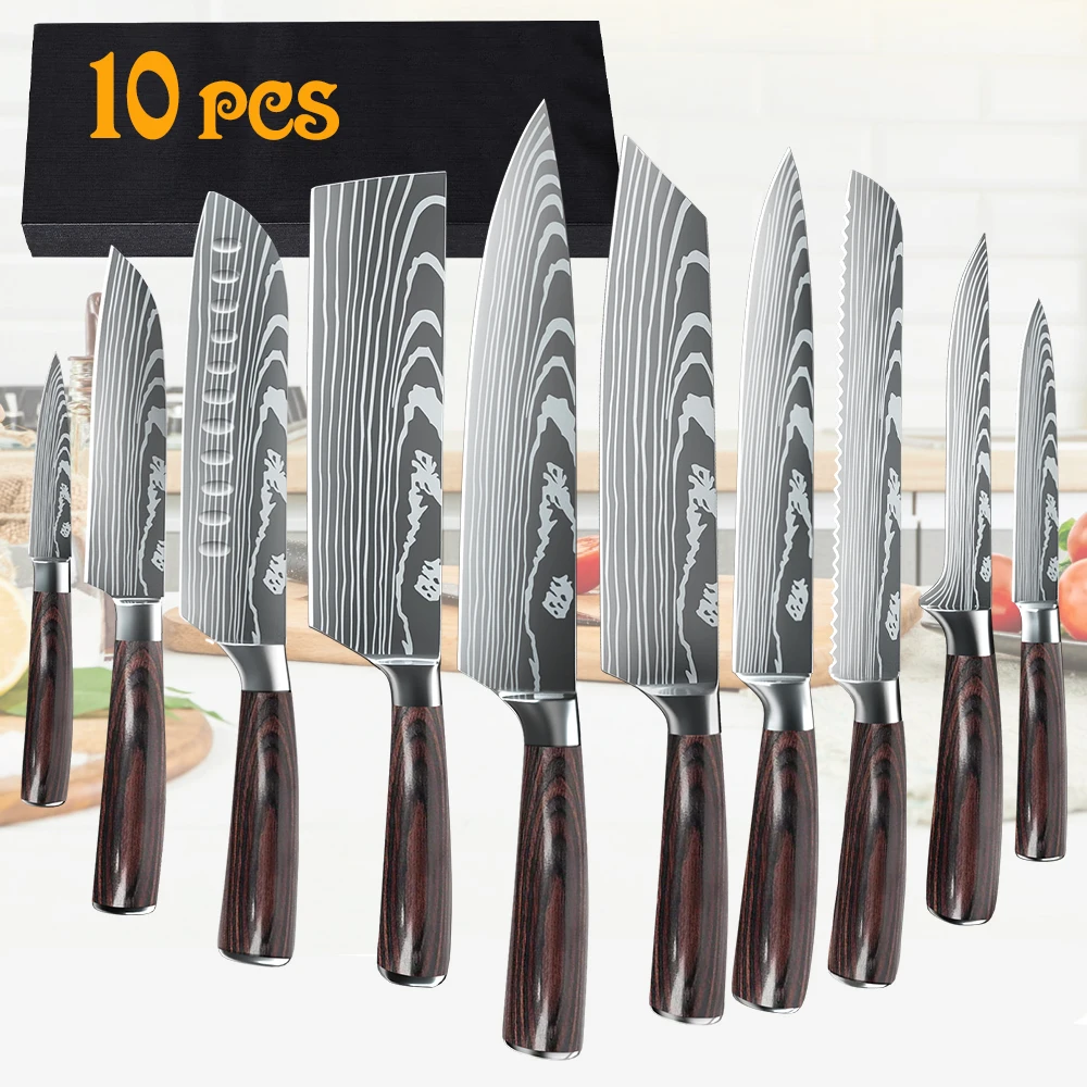 10-teiliges Laser-Damaszener-Muster Küchenmesser-Set 7CR17MOV Edelstahl Farbiger Holzgriff Scharfe Kochmesser Geschenkbox Haushaltsbesteck – Detail 6