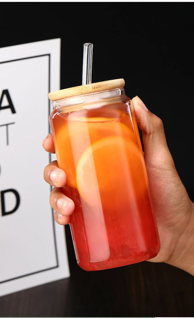Description Picture 5 of item550ml Glass Cup with Wooden Lid and Straw Travel Transparent Bubble Tea Cup Milk Beer Can Cocktail Mug Beverage Glassware