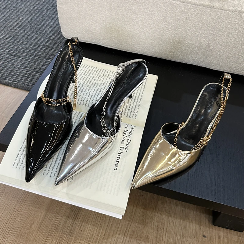 

Fashion Women's Pumps Summer Stiletto Heels Metal Chain Rhinestones Elegant Pointed Sequin Party Wedding Shoes For Women Sandals