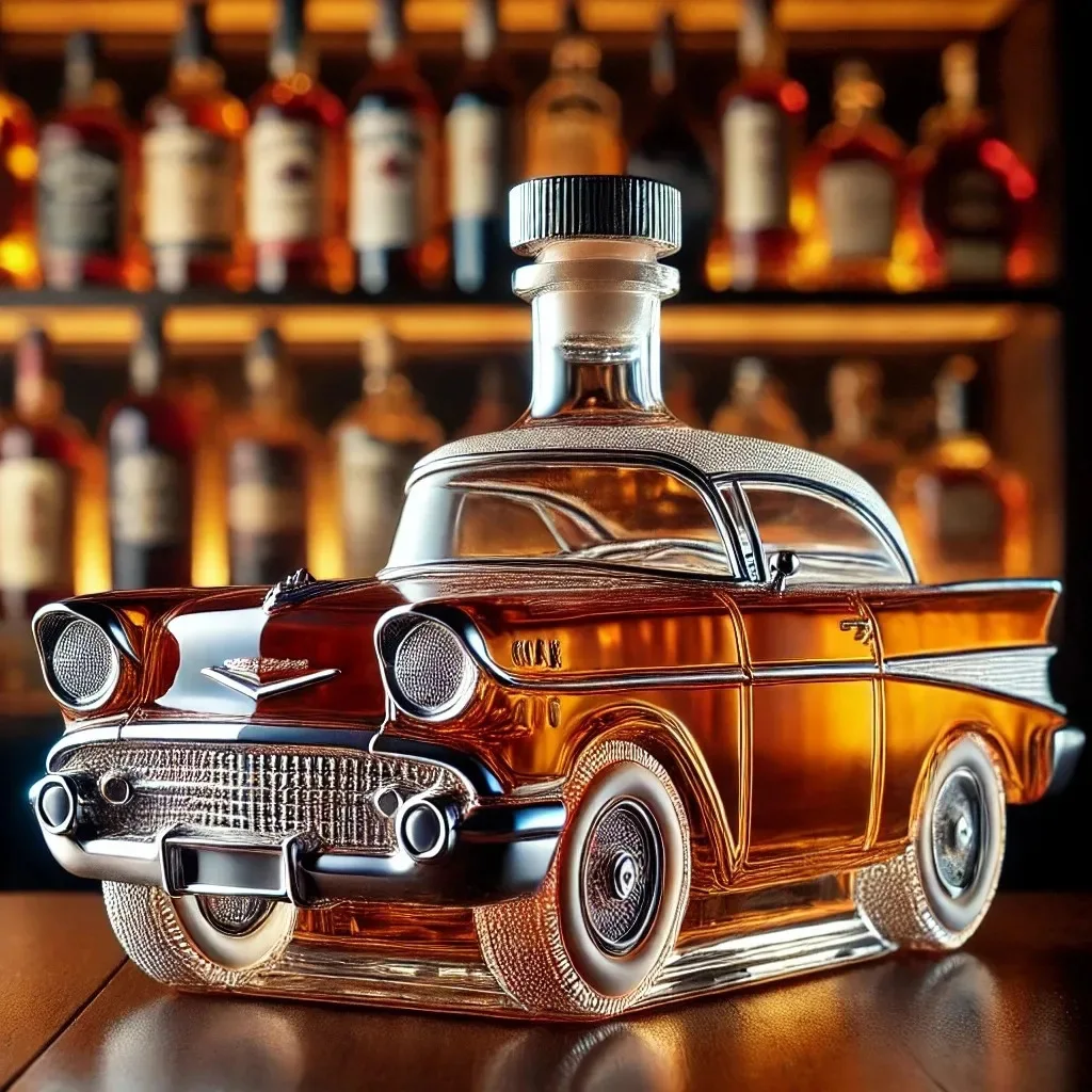 Vintage Car-Shaped Glass Liquor Decanter - Classic Design with Airtight Cork Stopper & Display Stand, Whiskey/Bourbon Storage
