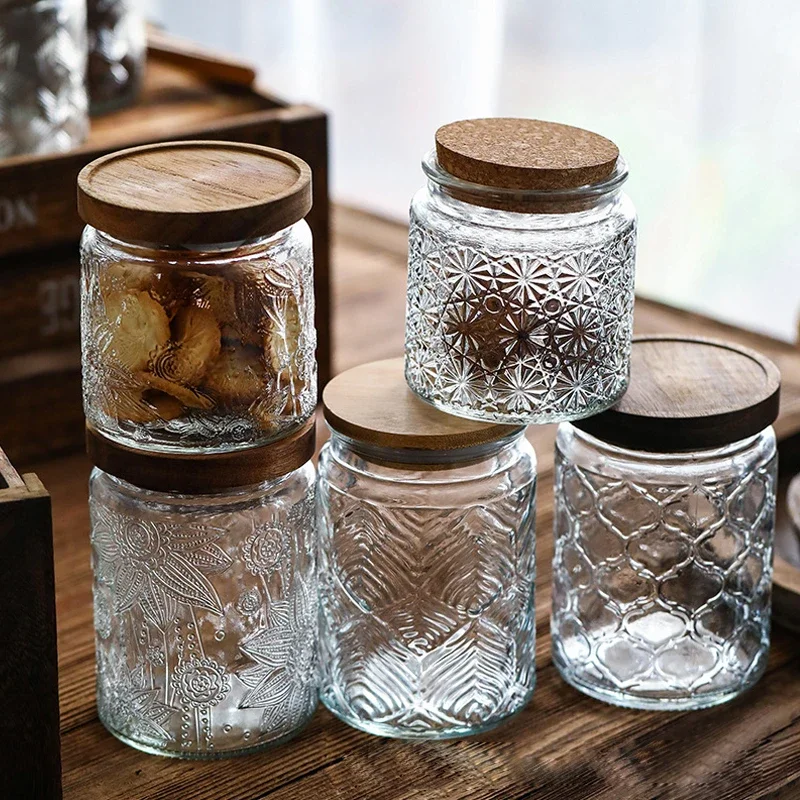 Glass Jars Retro Styles Glass Seal Jars Bamboo Lids Food Candy Tea Storage Containers Honey Pot Nordic Relief Spice Jar Bottles 2