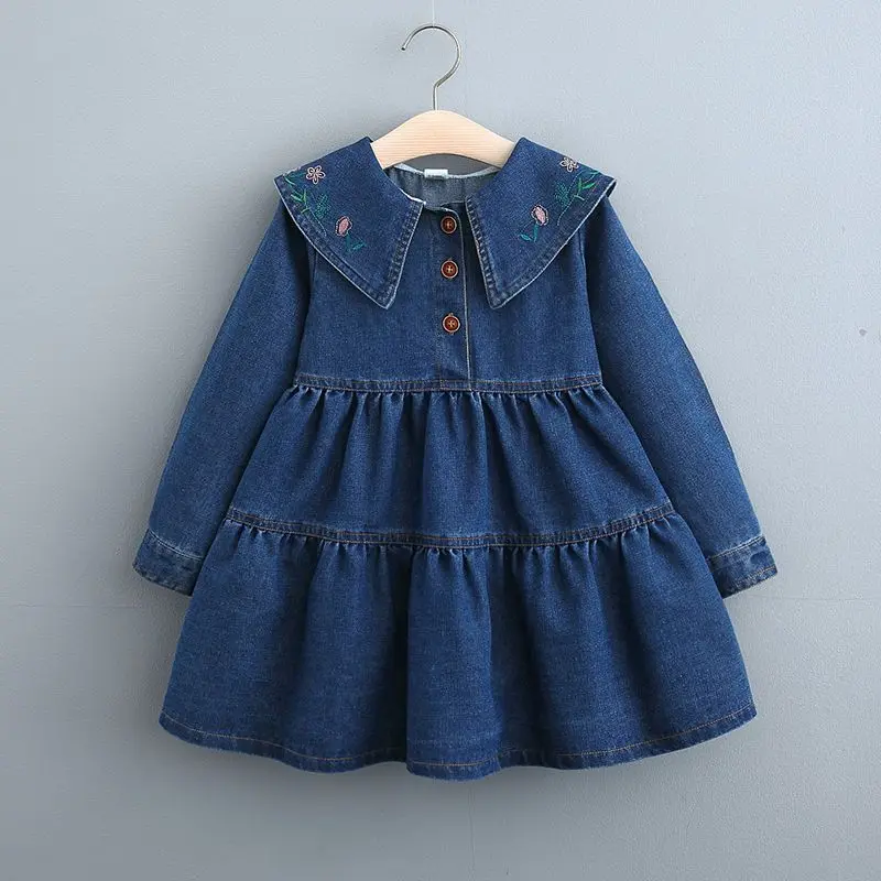 

Laura Kors 2023 Winter New Arrivals Girls Dress Long Sleeve Turn-down Collar Denim Embroidery Sweet Girls Dress Vestidos 18M-6T