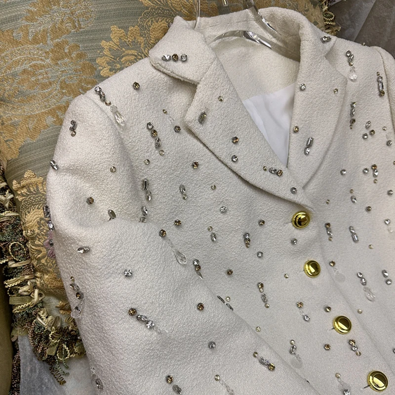 2023 Spring Autumn New Heavy Industry Rhinestone Tassel Tweed Rhinestone Coat Women's Short Suit Top Fashion Temperament Skirt