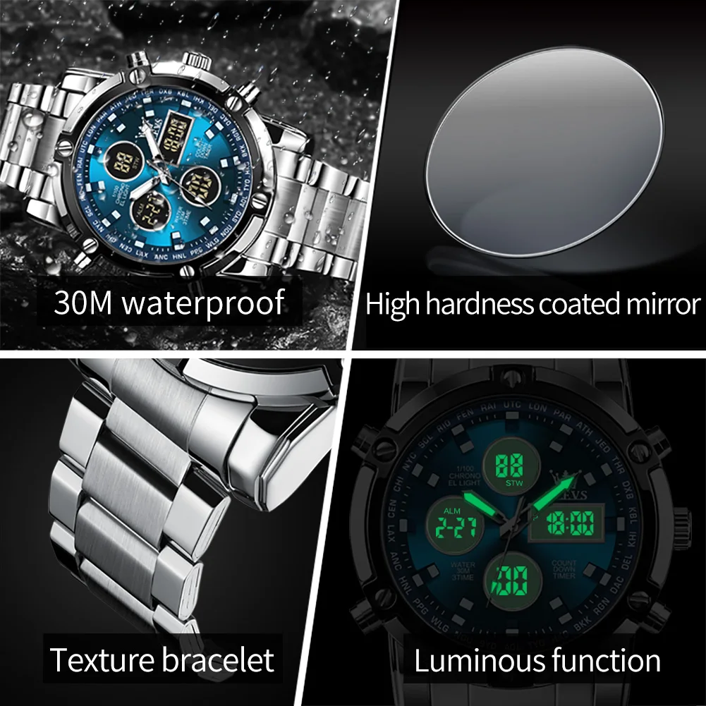 OLEVS Watch for Men Analog Digital Chronograph Big Dial Stainless Steel Waterproof Luminous Fashion Male Wristwatch reloj de