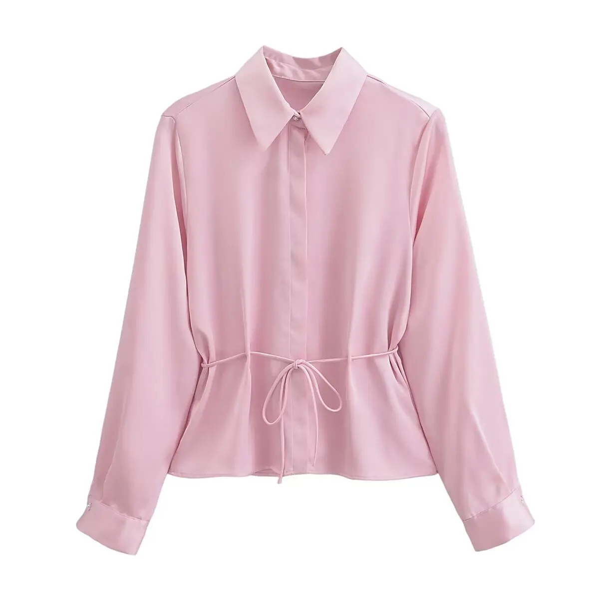 

Женская Короткая атласная текстурная рубашка с длинными рукавами и украшением в виде пряжки со стразами