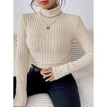 Plus Size 1XL-5XL Women's Slim Fit Ribbed Knit Turtleneck Knitted Sweater Long Sleeve Light Gray Elegant Versatile Pullover Top