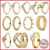 Classic Simple Christmas Birthday Gifts 925 Sterling Silver Gold Color Crown Heart-shaped Ring Exquisite Charm Women's Jewelry