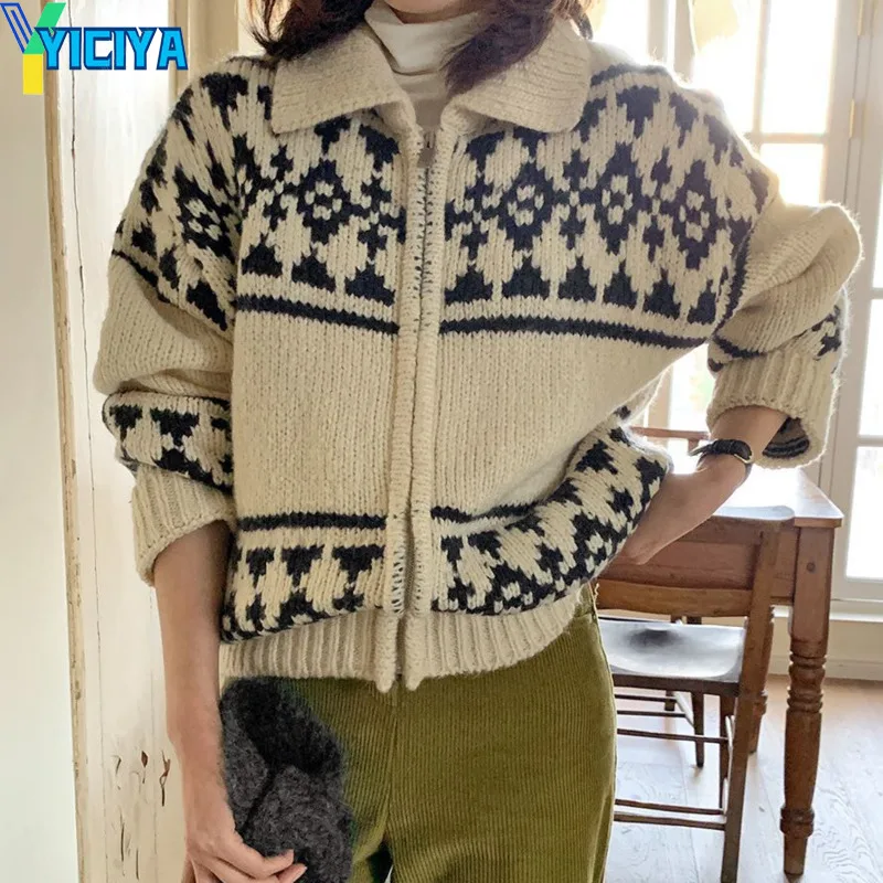 

YICIYA beige Thickening hooded Zipper Cardigan sweater Korean fashion Women Knitted new outfit vintage Knitwear winter streewear