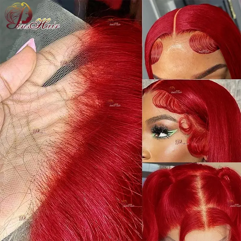 Красный парик из прямых человеческих волос на сетке спереди для женщин 13X 6, парик на сетке спереди, предварительно выщипанные волосы без повреждений 99J, бордовый парик на сетке спереди 34 дюйма