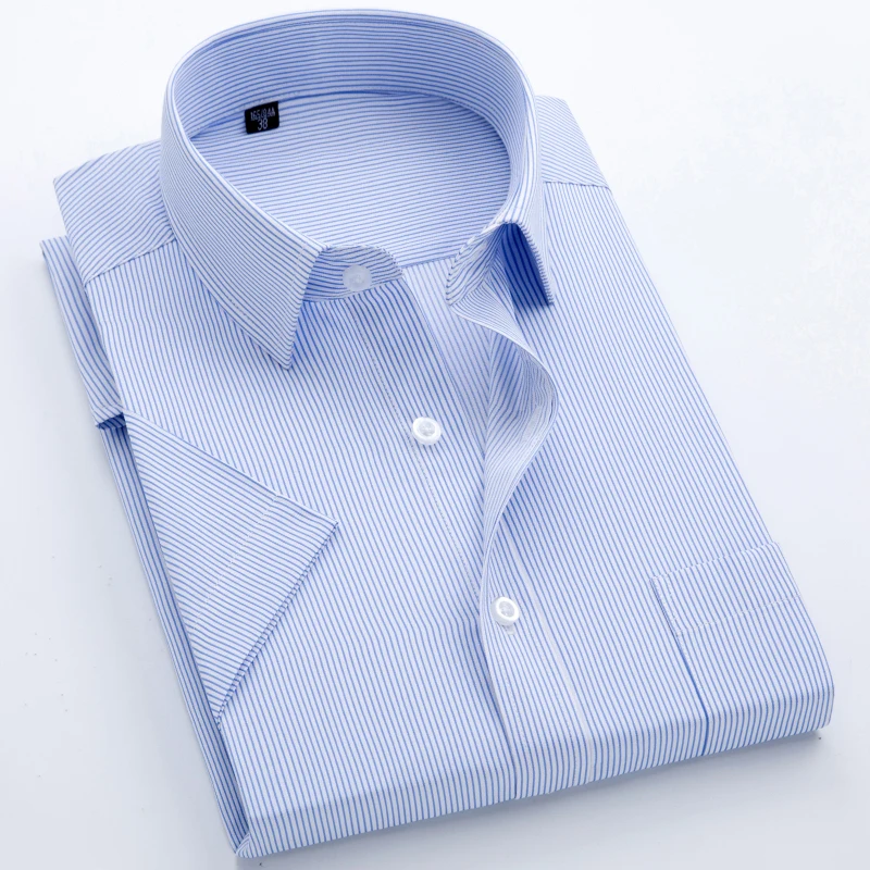 Men Summer Vertical Striped Short-sleeved Cotton Shirt Single-breasted Square Collar Shirt Left Chest Pocket