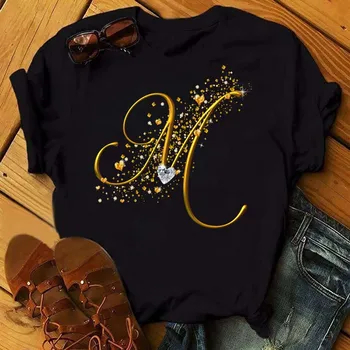 Custom Name Letter Combination Fashion Women T-shirt Diamond Gold Letter Font A B C D E F G Short Sleeve Tops Black T-shirt 1