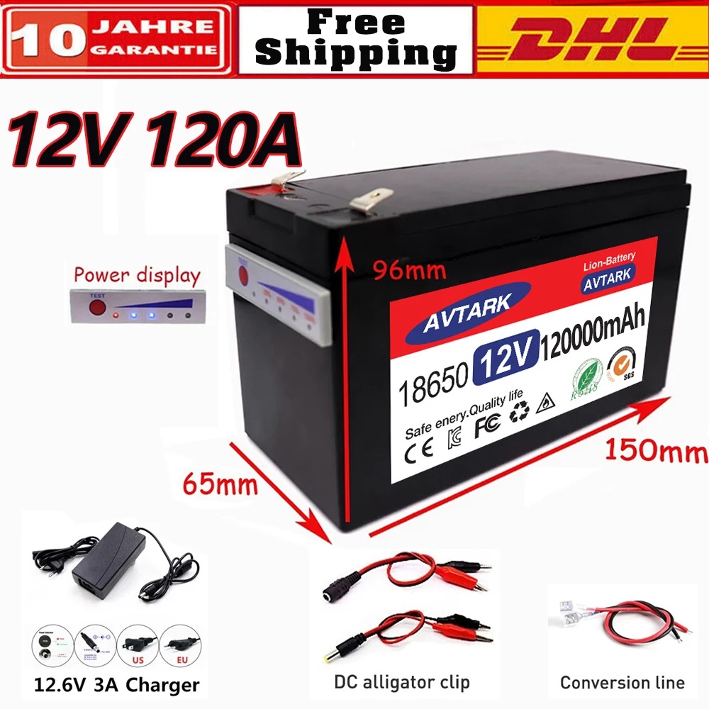 

NEW Sprayers 12V 120Ah Built-In High Current 30A BMS 18650 Lithium Battery Pack For Electric Vehicle Batterie 12.6V Charger