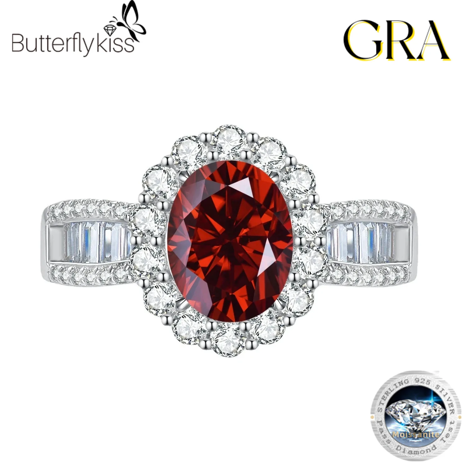 

Butterflykiss 2.0CT Oval Moissanite Ring With Certificate Sparkling Red Diamond S925 Silver Wedding Band Fine Jewelry For Women