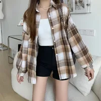 Chemise à carreaux pour femmes, mode automne, haut à manches longues, Vintage, simple boutonnage, chemisier dames, Style Preppy, chemises amples à carreaux 5