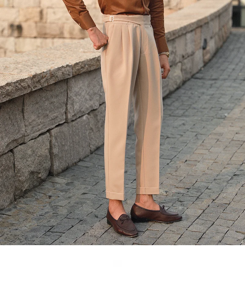 Khaki Fashion Mens Dress Pant High Waist Straight Pants Men Fall Business Versatile Belt Trousers Gentleman Paris Button Pants blazer for men wedding