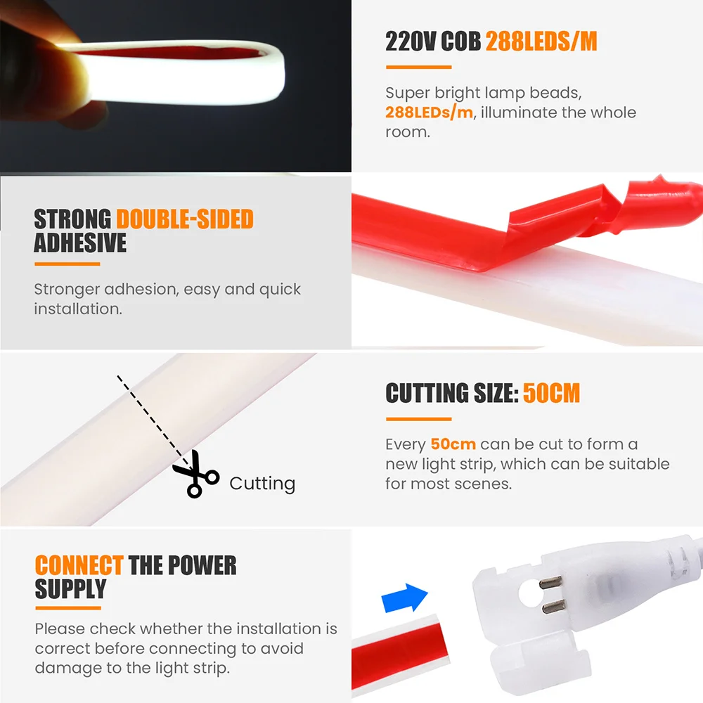 방수 COB LED 스트립 네온 조명, 스위치 전원 키트, 접착 테이프, 288 LED, 유연한 램프, 고밀도 선형 조명, 220V