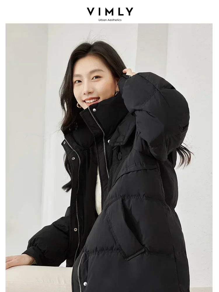 Vimly Black Long Down Jackets for Women 2023 Hooded Zipper Stand Collar Windproof Warm Women's Winter Coat Female Clothes 50612