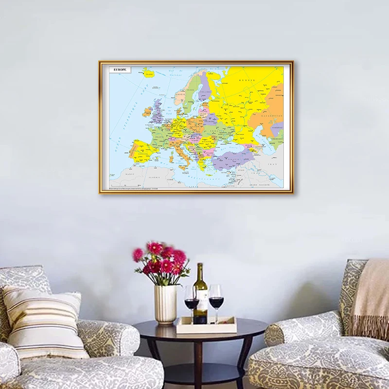 The Europe Map in French Spray Canvas Painting Vintage Wall Art Poster School Travel Supplies Home Decoration 59*42cm