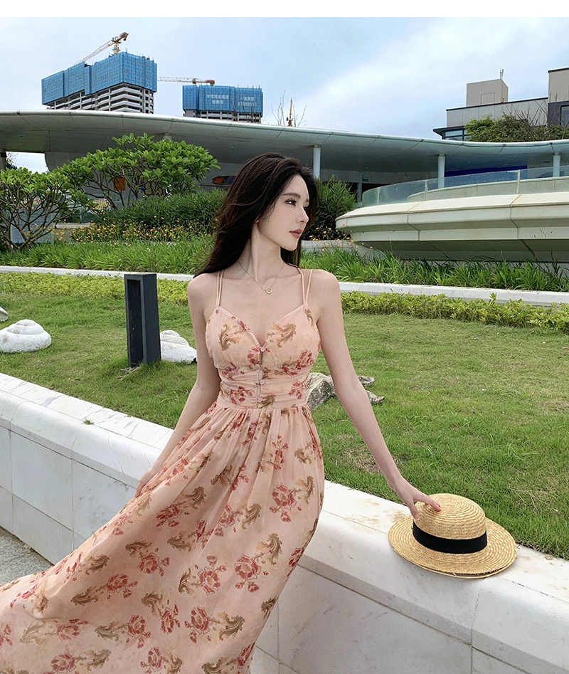 Summer New Spaghetti Strap Floral Long Dresses for Women Backless A-line Beach Style Korean Fashion Party Dress Casual Vestidos
