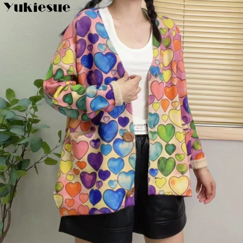 

Loose Pockets V-Neck Collar Single Breasted Female Design Artistic Style Coats Women Knit Sweaters New Spring Autumn Retro Print