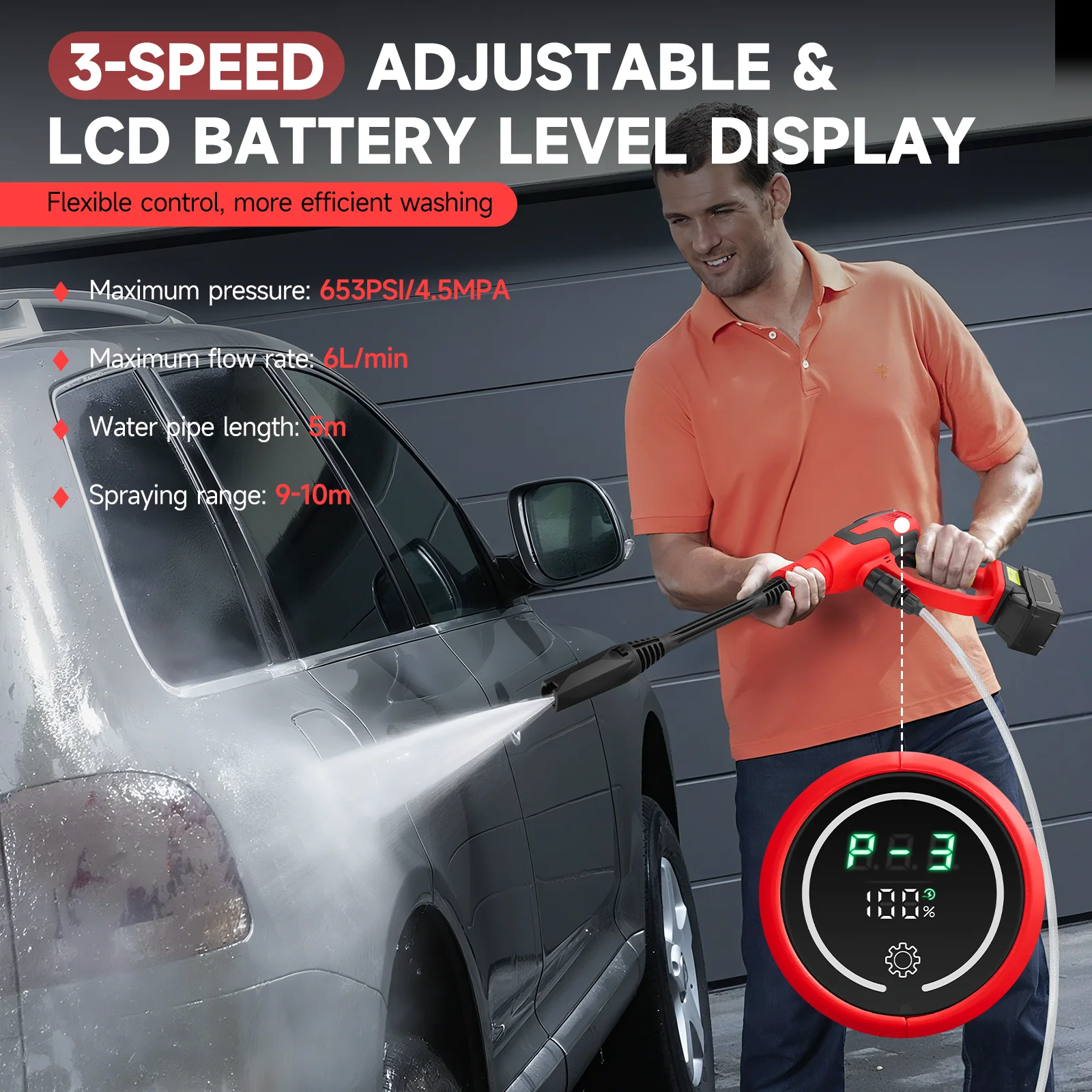Cordless Pressure Washer 380W Brushless High-Pressure Car Washer Gun 653PSI 3-Sp