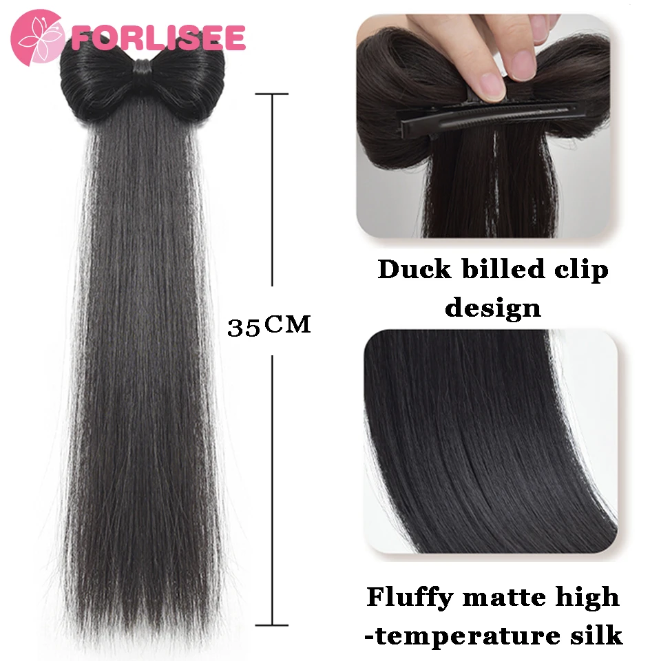 FORLISEE Synthetic Bow Wig Hair Clip Ponytail Straight Hair Half-tied Accessories Natural Grab Clip Low Ponytail