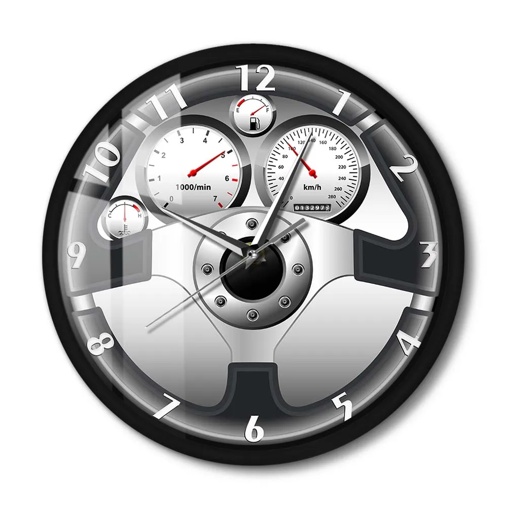 

Спортивные автомобильные круглые часы с металлической рамой на руль с приборной панелью, тихий автомобильный привод, автомобильный стиль, черные настенные часы для мужчин, для дома