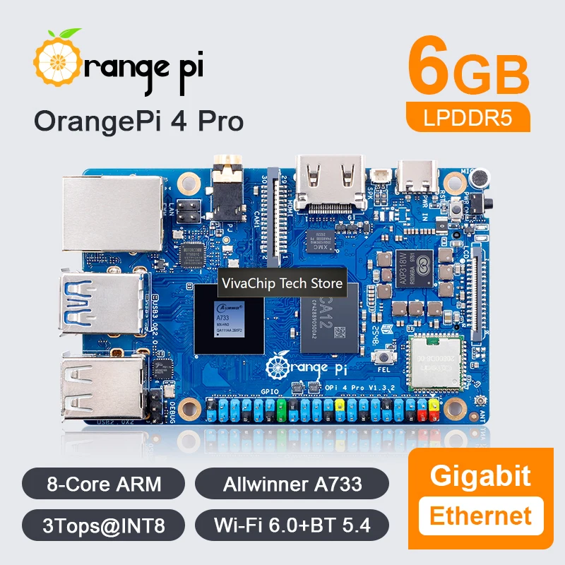 비바CT오렌지 파이 4 프로 6GB 램 DDR5 올위너 A733 미니 PC WiFi6+블루투스 M.2 PCIE SSD 듀얼 MIPI-CSI 3TOPS NPU 싱글 보드 컴퓨터
